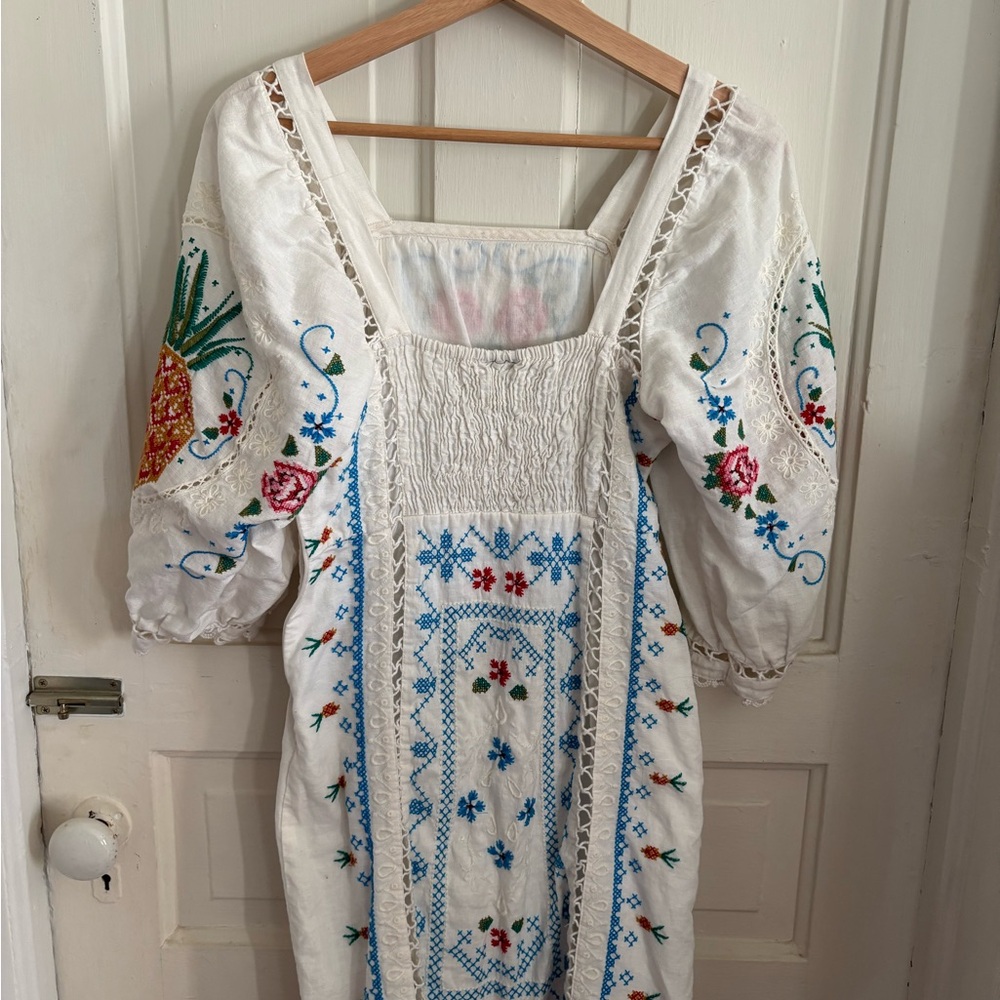 FARM Rio White Embroidered Mini Dress with Blue, Pink & Gold Accents - Picture 3 of 13